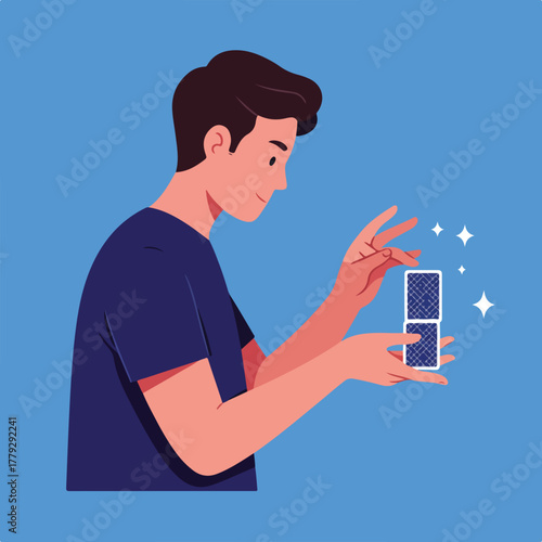 A magician, holding a stack of cards, performs a magic trick. Sparkling stars highlight the moment