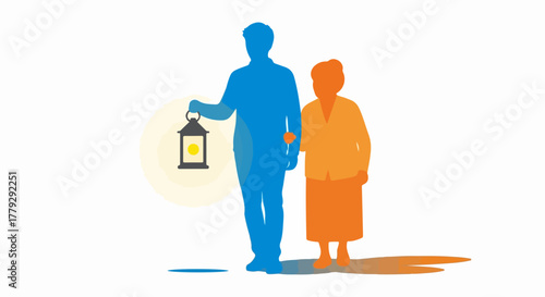 Silhouette of caregiver with elderly person. Caregiver guides elderly through life's journey, shining light and providing support. Concept caregiver for healthcare, family support,