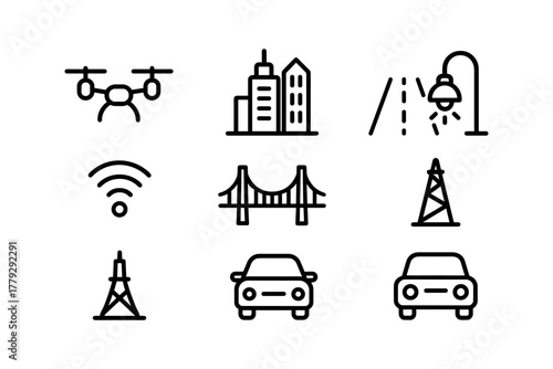 Minimalist cityscape icons: drone, skyline, wifi, bridge, car, and traffic elements