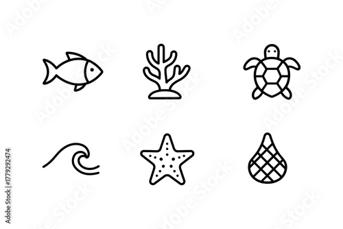Minimalist ocean icons collection featuring marine life and sea elements