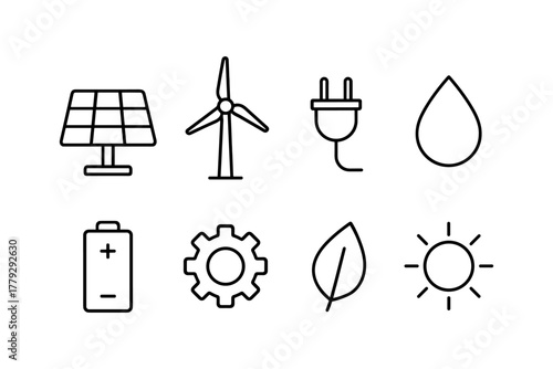 Minimalist renewable energy icons: solar, wind, electric, hydro, and more