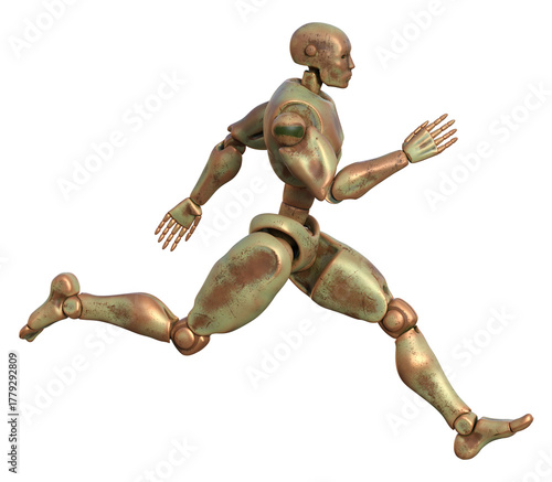 Rusty metal anthropomorphic robot running fast. 3d rendering on transparent background, no AI used
