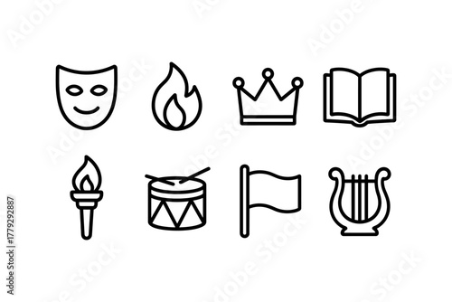 Linear icon set: theater, music, and cultural symbols