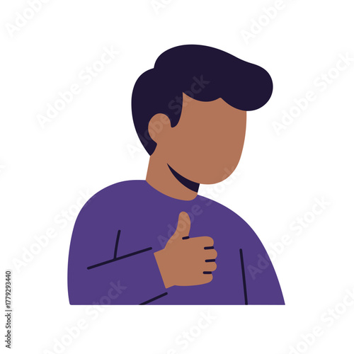 A faceless figure with brown skin gives a thumbs-up. They are wearing a purple shirt, with black hair and a white background