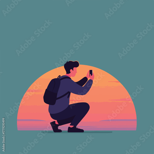 A person with a backpack squats, taking a photo with their phone against a sunset backdrop