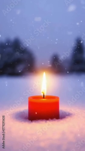 A solitary candle flame flickers brightly in the falling snow