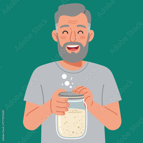 An elderly man with a grey beard holds a jar containing a creamy substance, smiling with joy. Bubbles rising