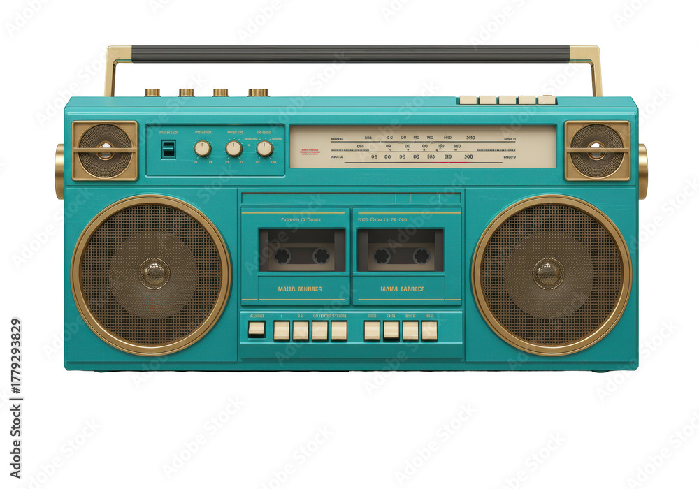 Fototapeta premium Isolated vintage 1980s turquoise boombox cassette player studio shot for retro entertainment media