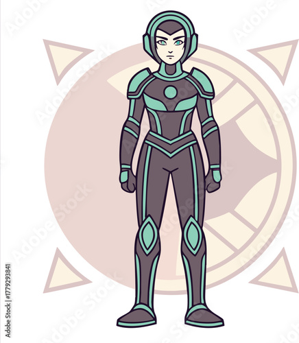 Cyber Guardian: A strong futuristic female figure in cybernetic attire, standing firm against a backdrop of geometric design. Evoking a sense of empowerment, innovation, and technological advancement.
