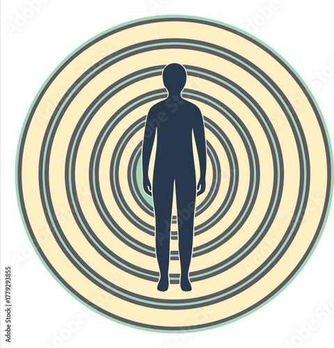 Abstract Human Resonance: This artistic image features a human silhouette encircled by concentric circles, representing a sense of self and the energy that emanates outward.