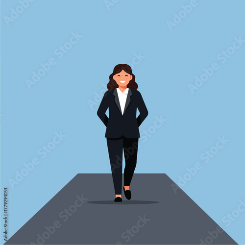 Illustration of a woman in a suit walking towards the viewer on a dark gray path against a blue backdrop