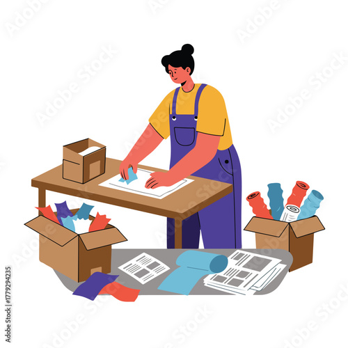 A person in workwear sorts papers and materials on a table, surrounded by boxes and rolls