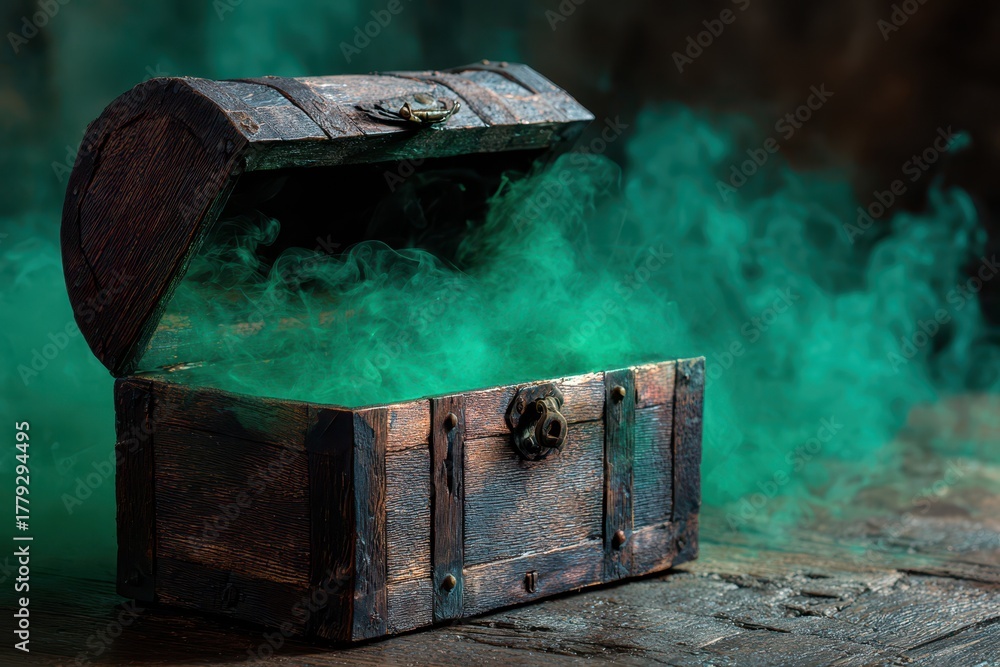 Fototapeta premium Pandora Box Adventure. Ancient Antique Chest Concept on Dark Background