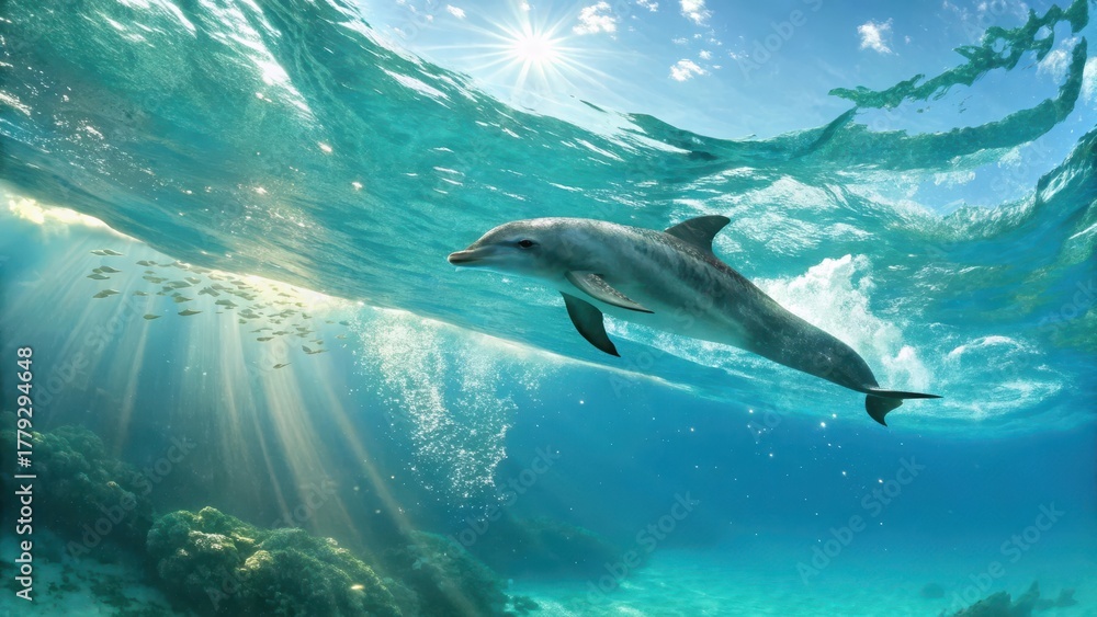Naklejka premium A dolphin swimming through clear turquoise water with sunlight