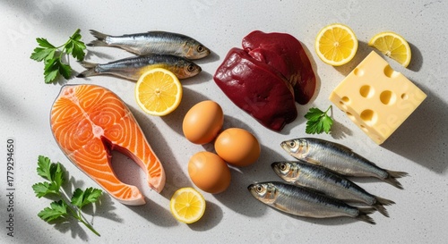 A flat lay of various food items including salmon fillet, whole fish, eggs, cheese, lemon slices, and parsley on a light surface.