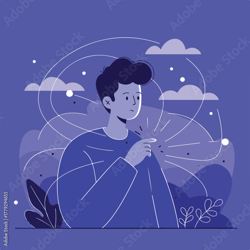 A figure gestures toward a radiating point amid a layered, abstract landscape with clouds. A purple palette