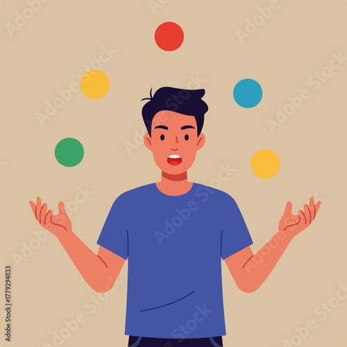 Cartoon figure juggles colorful balls in the air. Person is wearing a blue shirt and has an open mouth expression