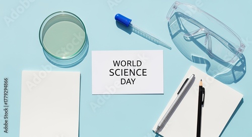 A flat lay of science-related items including a glass of water, a pipette, safety goggles, a notepad, and a card that reads 'World Science Day'.