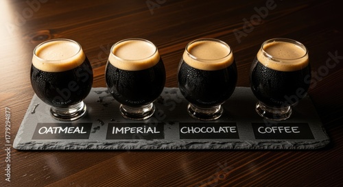 Four glasses of dark beer on a wooden table. Each glass has a different label: oatmeal, imperial, chocolate, and coffee. The beers have a creamy foam head.