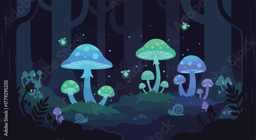 Enchanted forest illustration featuring mushrooms, fireflies, and snails