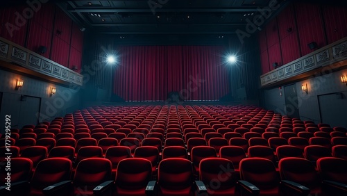 proscenium. Empty theater with rows of red velvet chairs under dramatic stage lighting atmosphere. real-estate listings.