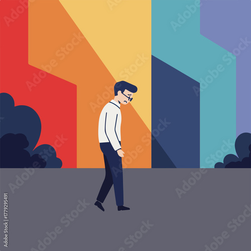 A sad person walks, head bowed, on a grey path against a backdrop of colorful, abstract blocks and dark shrubbery