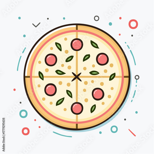Stylized illustration of a whole pepperoni pizza with basil toppings on a white background with colorful abstract doodles and circular elements