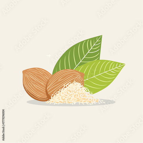 Natural Almonds with Green Leaves and Pile of Grated Almonds on a Light Background