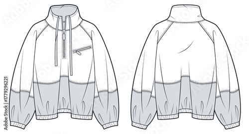 Half Zip Sweatshirt Fashion Flat Sketch. Raglan Sleeve Sport Jacket fashion flat technical drawing template, bubble, pocket, front and back view, white, grey, women, men, unisex CAD mockup