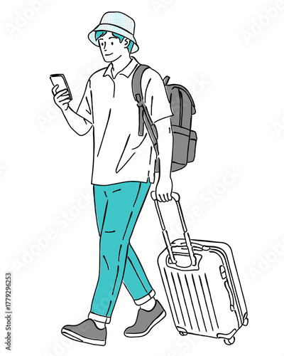 観光でキャリーケース（旅行かばん）を引いて歩く男性のイラスト,トラベラー,スマートフォン,線画,旅行,出張
