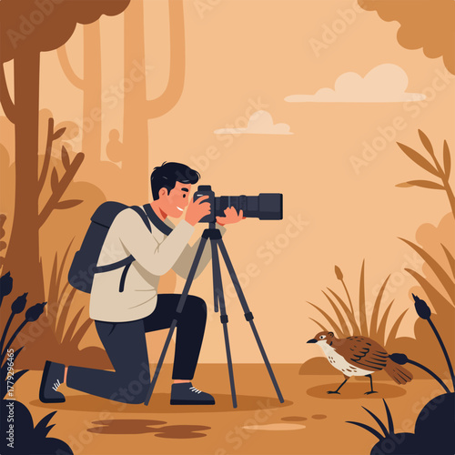 A photographer kneels in a forest, using a tripod with a large camera to photograph a bird