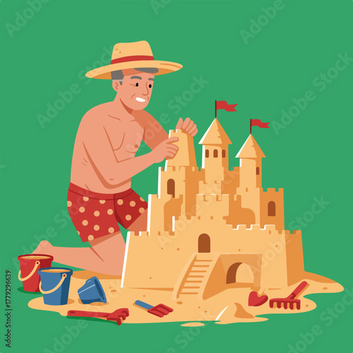 An older man builds a sandcastle on a beach, surrounded by sand and tools, against a green backdrop