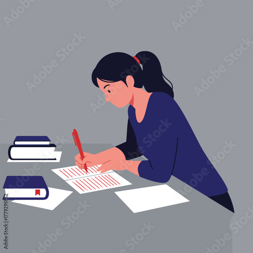 An illustration shows a person writing with a pen on paper, with books and other sheets