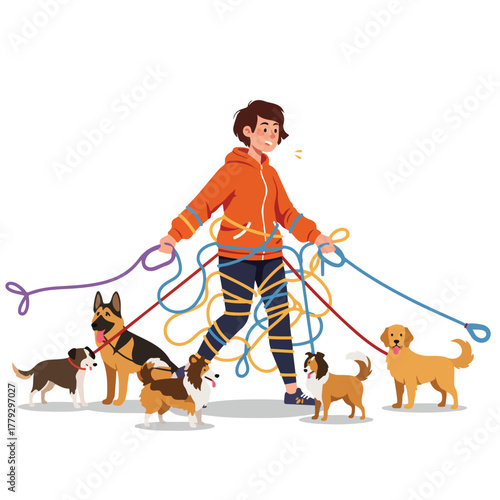 An illustrated person tangled in leashes struggles to walk five dogs, against a white background
