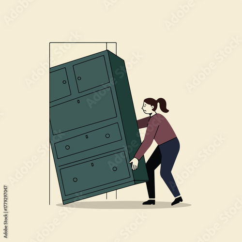 A woman strains to push a tall dresser through a doorway, with a neutral background