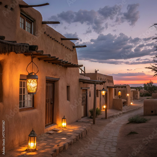 Peaceful adobe village at twilight with glowing lantern lights