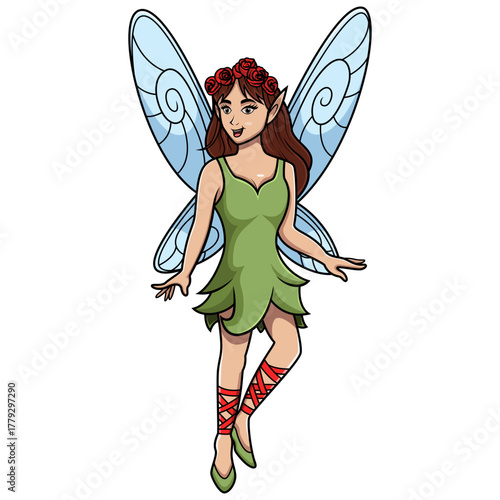 Cartoon Fairy with Floral Crown and Elegant Wings