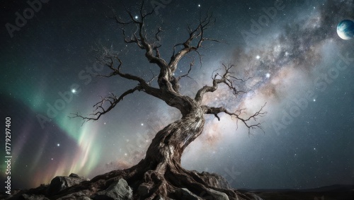 Celestial Tree of Life - A Cosmic Dance Under the Aurora Borealis.