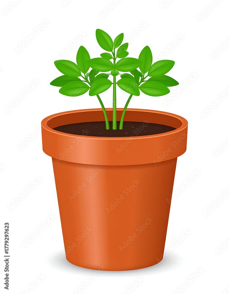 Fototapeta premium Digitally rendered potted plant with bright green leaves and brown soil