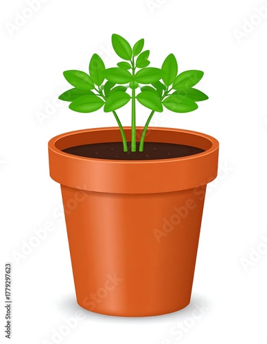 Digitally rendered potted plant with bright green leaves and brown soil