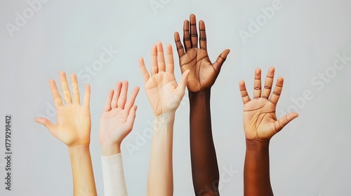 Multiple hands displaying diverse skin tones raised upward against a neutral background