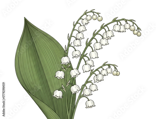 Lily of the valley flower with leaf isolated on transparent background in a vintage illustration for spring and wedding