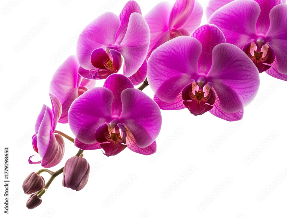 Fototapeta premium Closeup of a vibrant pink orchid branch, showcasing delicate petals and intricate details, isolated on transparent background
