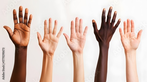 Five raised hands display diverse skin tones against a light background