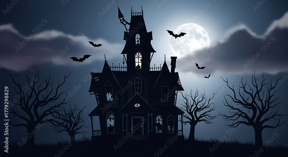 Fototapeta premium Eerie haunted mansion under a full moon, with flying bats and bare trees on a dark, cloudy night, creating a spooky Halloween atmosphere perfect for horror themes