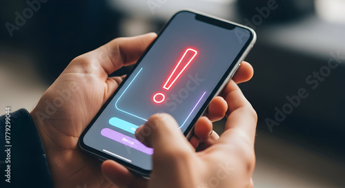 Wallpaper Mural Hand holding a smartphone displaying a warning sign with a red exclamation mark on a modern phone with a sleek interface representing urgent notifications system alerts and Torontodigital.ca