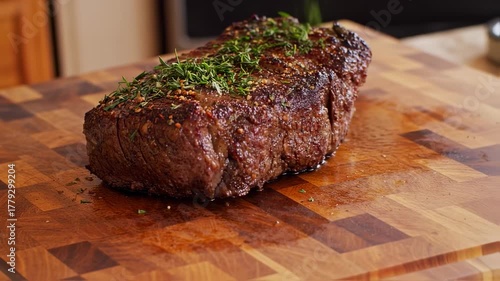 Roasted, seasoned beef tenderloin on a wooden cutting board