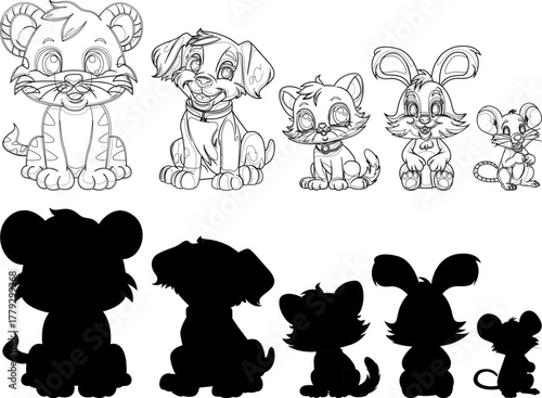 Educational shadow matching game for kids with a set of cute cartoon animals and their corresponding silhouettes.