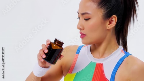 Woman holding a brown bottle with a liquid