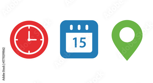 Modern icons representing time date and location symbolizing planning scheduling and navigation for business success, Generative AI.